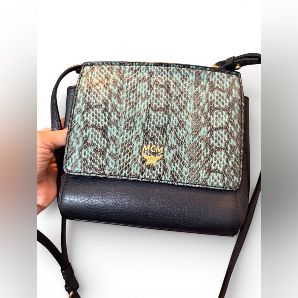 MCM Black & Teal Python Snakeskin Leather Flap Crossbody Bag